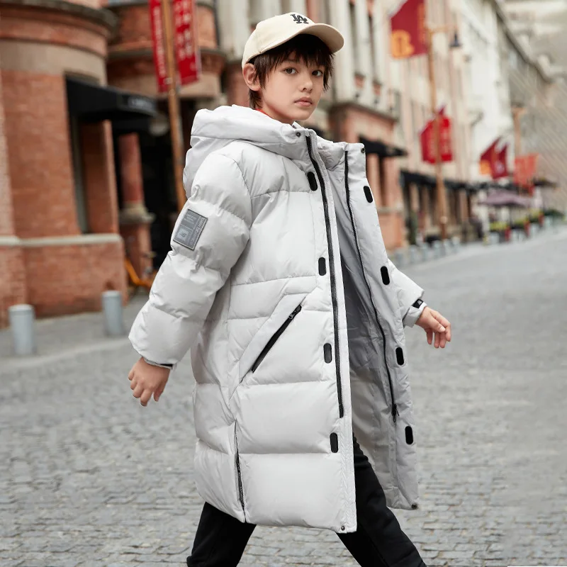 

2022 New Children's Winter Clothes Fashion Hooded Down Jacket For Boys Teenager White Navy Blue Windproof Thick Warm Long Coat