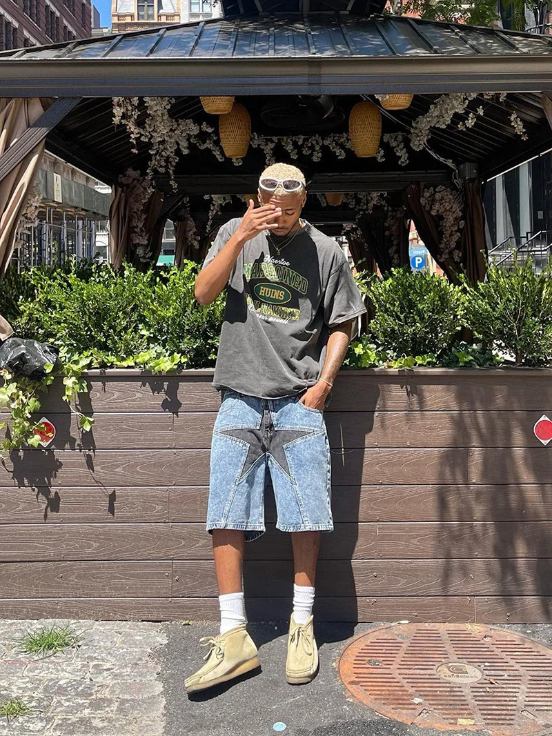 Aelfric Eden Star Patchwork Denim Shorts Men Summer Hip Hop Streetwear Shorts Y2K Harajuku Casual Track Sweatpants