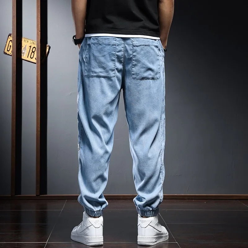 2022 Summer Lyocell Jeans Men Streetwear Baggy Joggers Pencil Pants Thin Blue Jean Casual Elastic Waist Denim Trousers