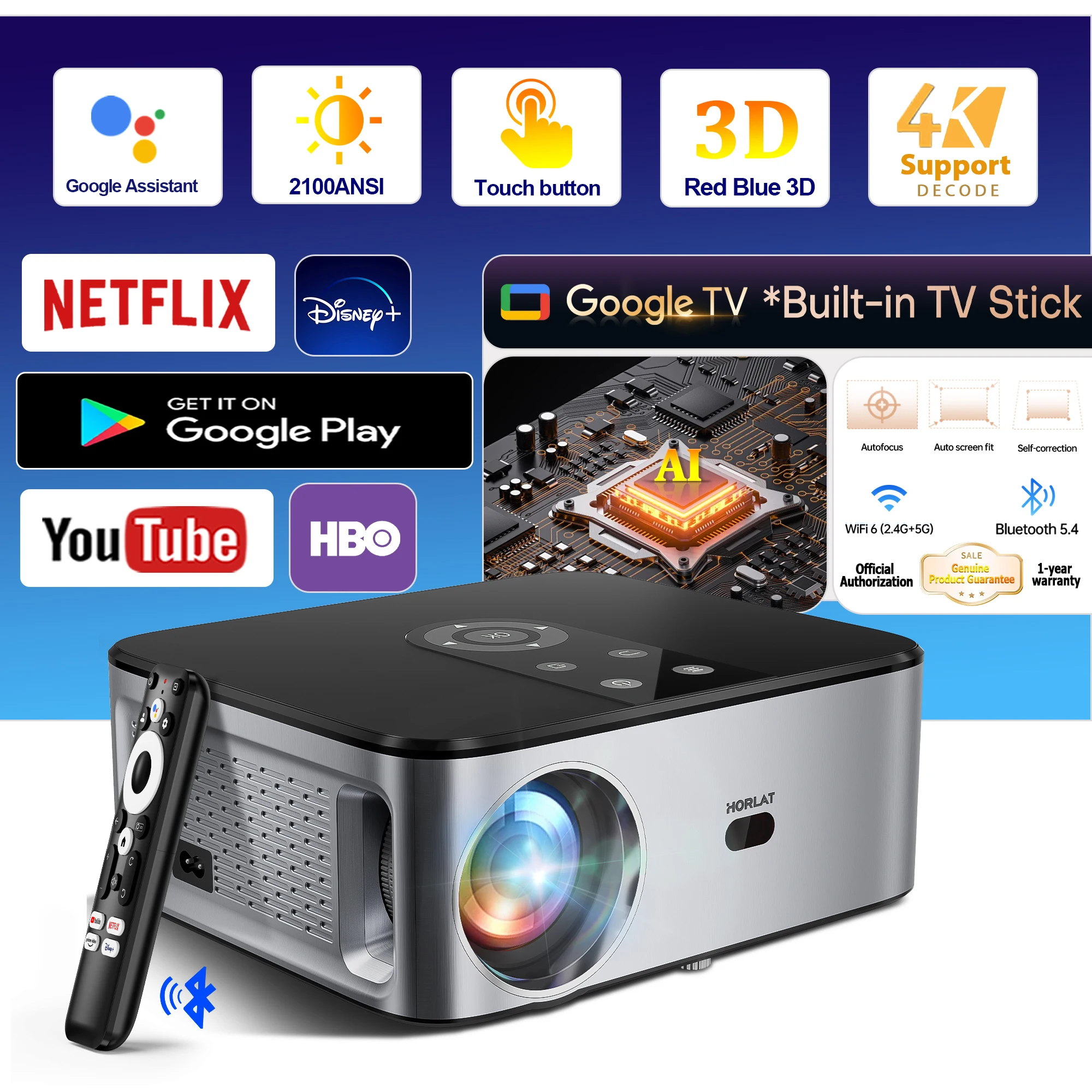 HORLAT 40000루멘 LCD 프로젝터 4K 8K 디코딩 홈시어터 안드로이드..
