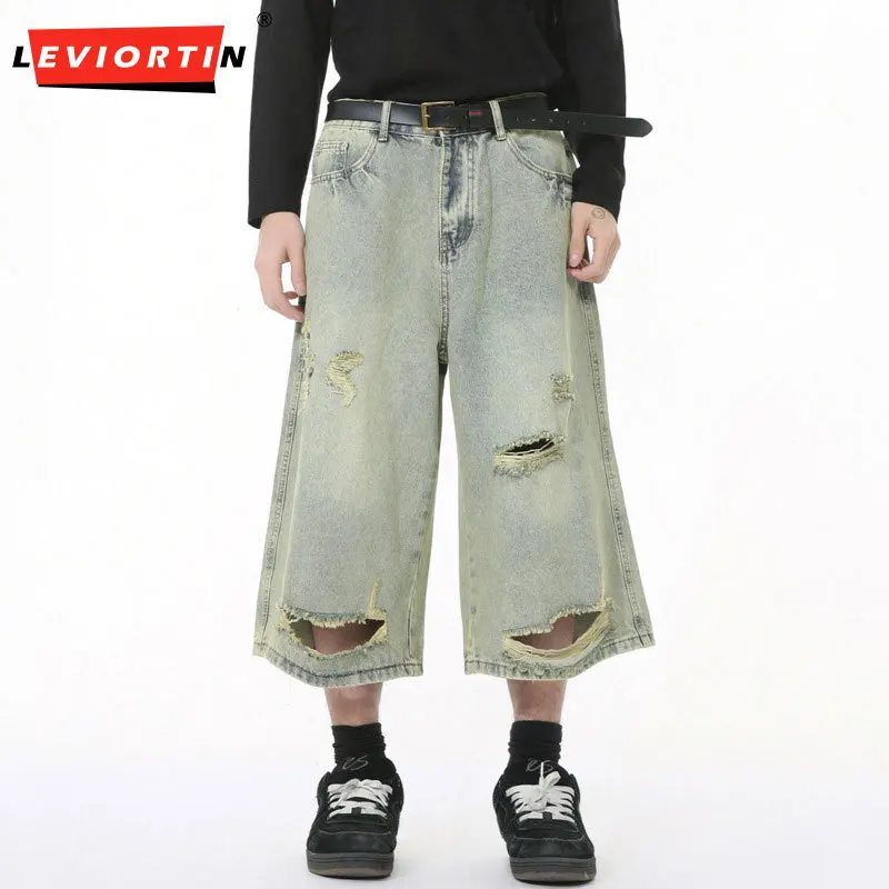 Men's summer new high street fashion trend light colored vintage vintage irregular hole wide leg denim cropped pants M7-D-N857