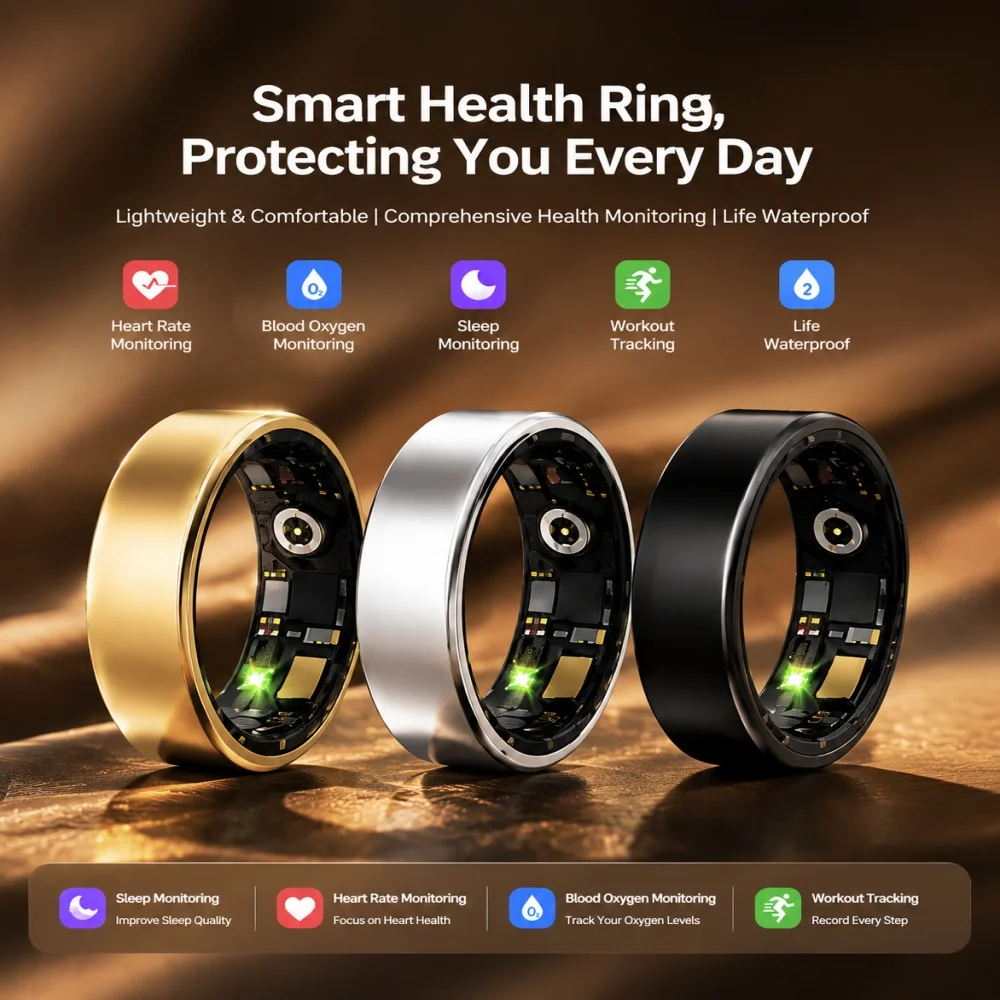 Anello Intelligente per Monitoraggio della Salute Uomo Donna, Monitoraggio Frequenza Cardiaca e Ossigeno nel Sangue, Impermeabile 5ATM, Modalità Multi-sport - immagine 3