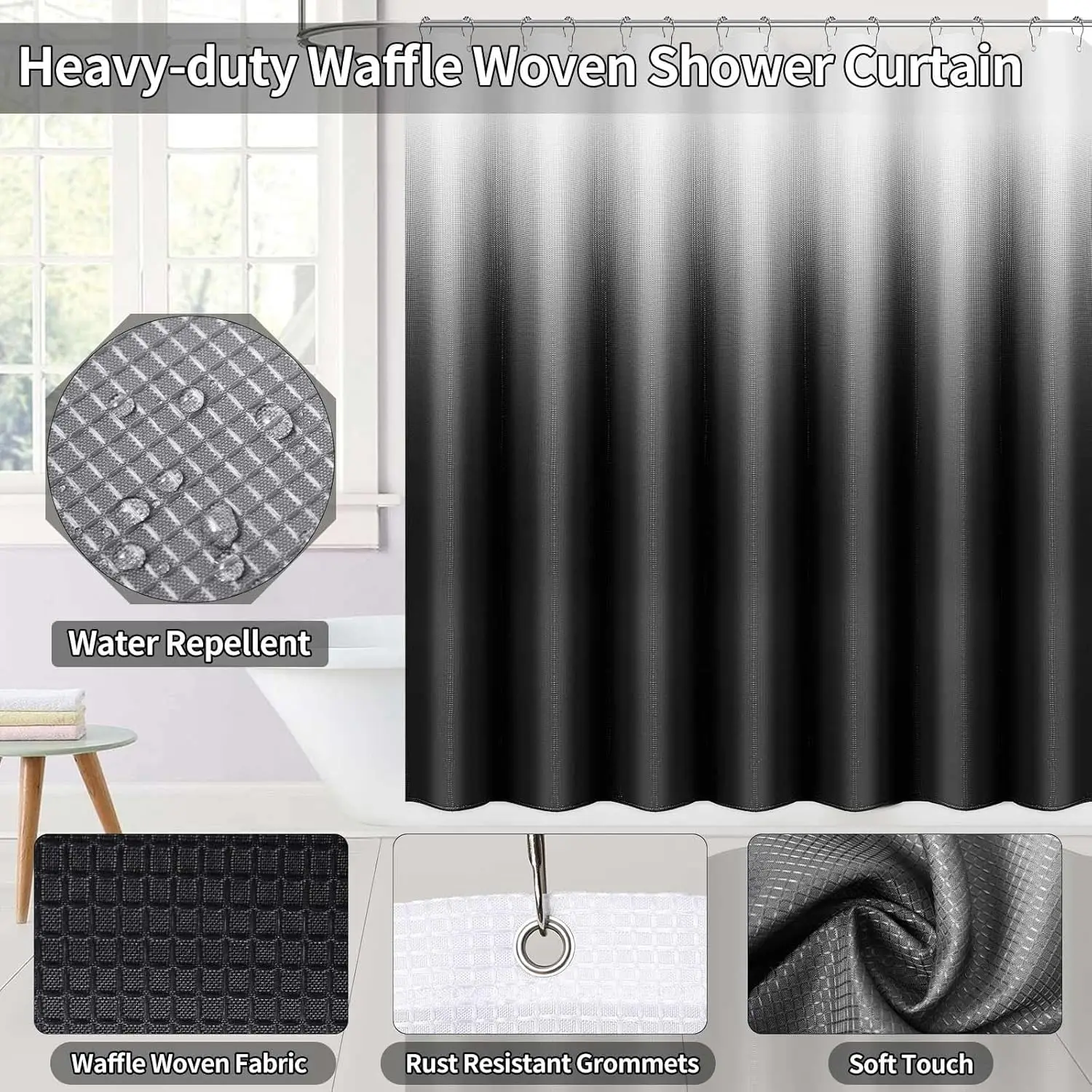 34PCS Black Bathroom Set. Shower Curtain, Rugs, Trash Can, Toilet Brush. 3PCS 17oz Soap Dispenser. Wall-Mounted.