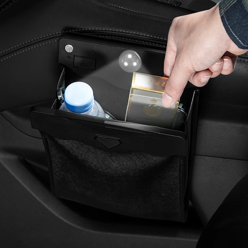 Car front seat LED waterproof magnetic adsorption garbage bin suspension car seat leather storage leak proof garbage bin 1 pcs car storage bag car trash can car trash bag