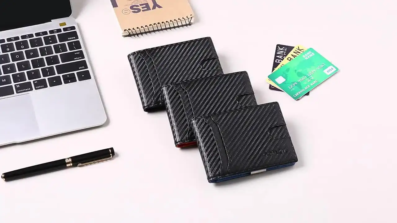 Тонкий мужской кошелек из углеродного волокна кожаный RFID-блокирующий двойной