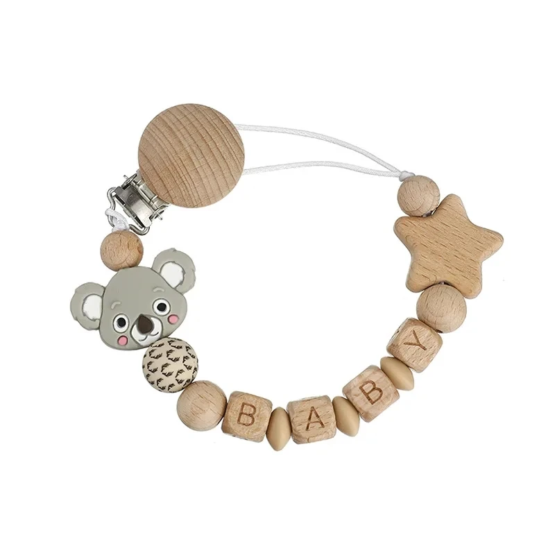 

Personalized Name Baby Pacifier Clips Wooden Dummy Nipple Holder Clip Chain Silicone Bear Koala Animal Pacifiers Teething Toys