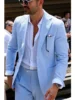 2 Pieces Sky Blue Men Suits Seersucker  Suits Notched Lapel Summer Leisure Beach Jacket+Pant  Groom Wedding Tuxedos 1