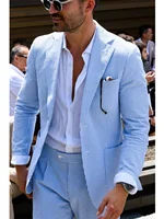 2 Pieces Sky Blue Men Suits Seersucker  Suits Notched Lapel Summer Leisure Beach Jacket+Pant  Groom Wedding Tuxedos 1