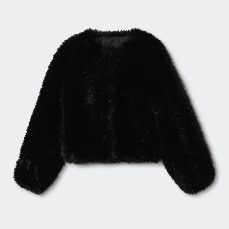 Ins Hot Brand Fashion Black Warm Cozy Cropped Faux Fur Coat Women