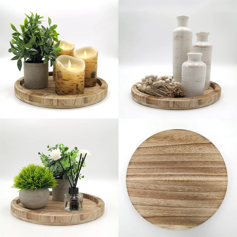 Wooden Serving Tray, Decorative Rustic Round, Vintage Centerpiece Candle Holder Tray, Kitchen Countertop Ottoman