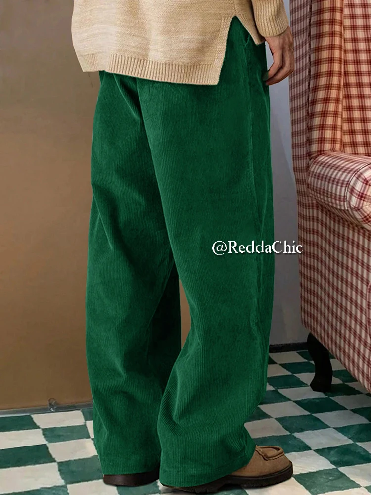 REDDACHiC Fall Winter Corduroy Green Pants Men Striped Wide Leg Casual Slacks High Rise Trousers Holiday Party Vintage Clothes
