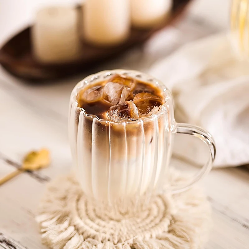 Tazza Di Vetro, Set Di 2 Tazze Da Caffè In Vetro Trasparente Senza Piombo, Strisce Verticali Con Manico Tazze Da Tè In Cristallo For Acqua, Latte