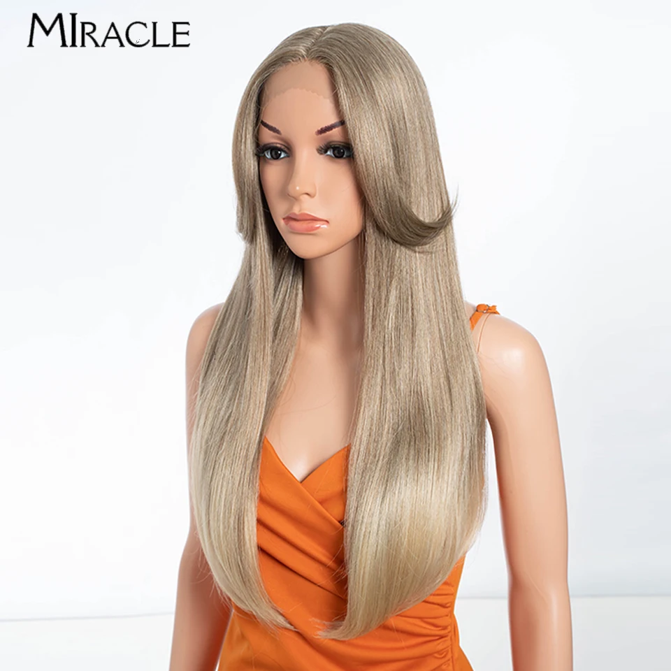 24 Inch Synthetic Lace Front Wig for Women Straight Lace Wigs With Bangs Heat Resistant Cosplay Wig Highlight Blonde