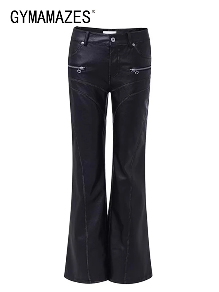 

GYMAMAZES Leather Spliced Zipper Pants For Women High Waist Patchwork Pockets Minimalist Chic Flare Pant Female Fashion Clothing