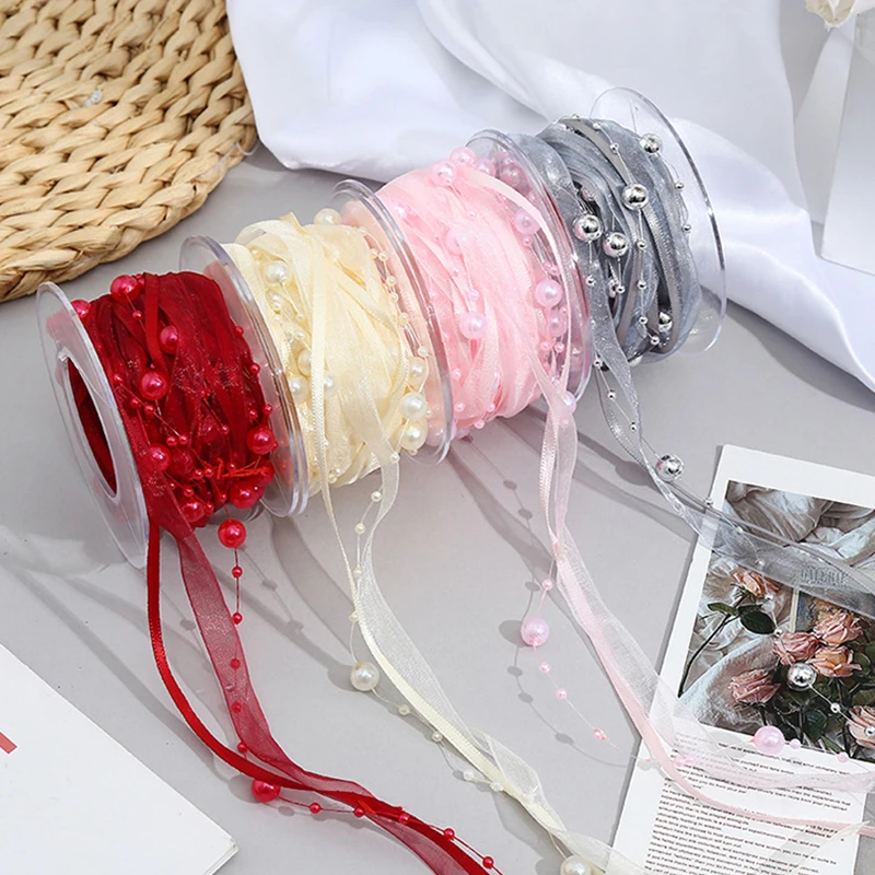 

5Yard Flower Art Decoration Ribbon Bead Chain Ribbon Imitation Pearl Beads Braided Ribbon Fish Line Wired Beads Ribbon