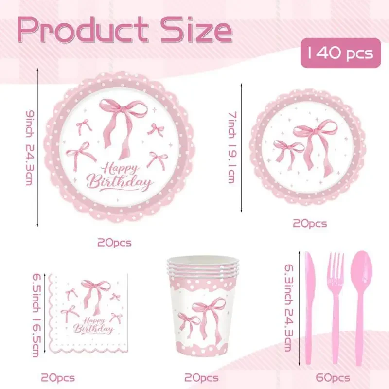 80/140pcs Disposable Tableware Set, Pink Bowknot Theme Party Decoration Supplies, Birthday Party Decoration Accessories Supplies