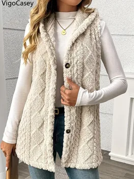 VigoCasey 2025 Casual senza maniche gilet spesso cappotto donna solido con cappuccio caldo gilet di peluche Lady autunno inverno giacca gilet albicocca 1