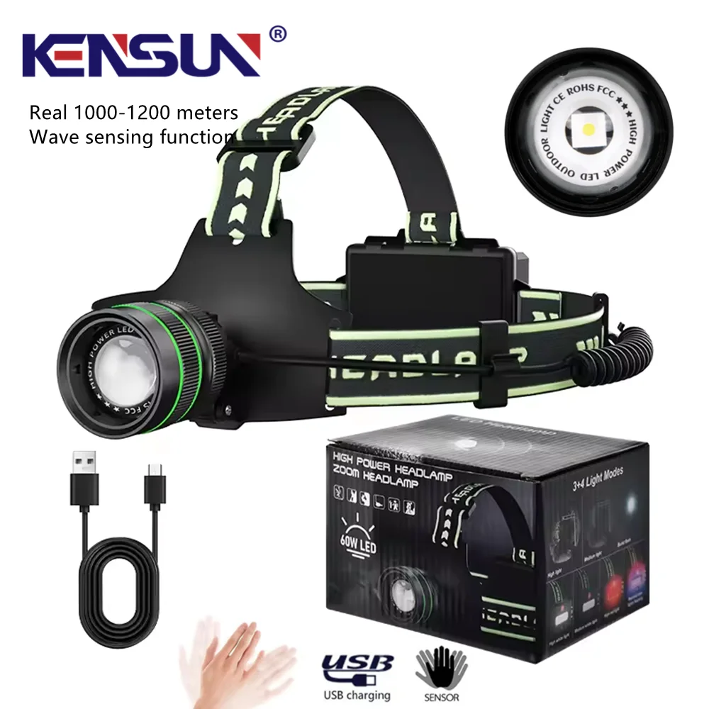 Projecteur frontal longue portée pêche - Recharge Type-C 5 modes détection gestuelle pour pêche en mer