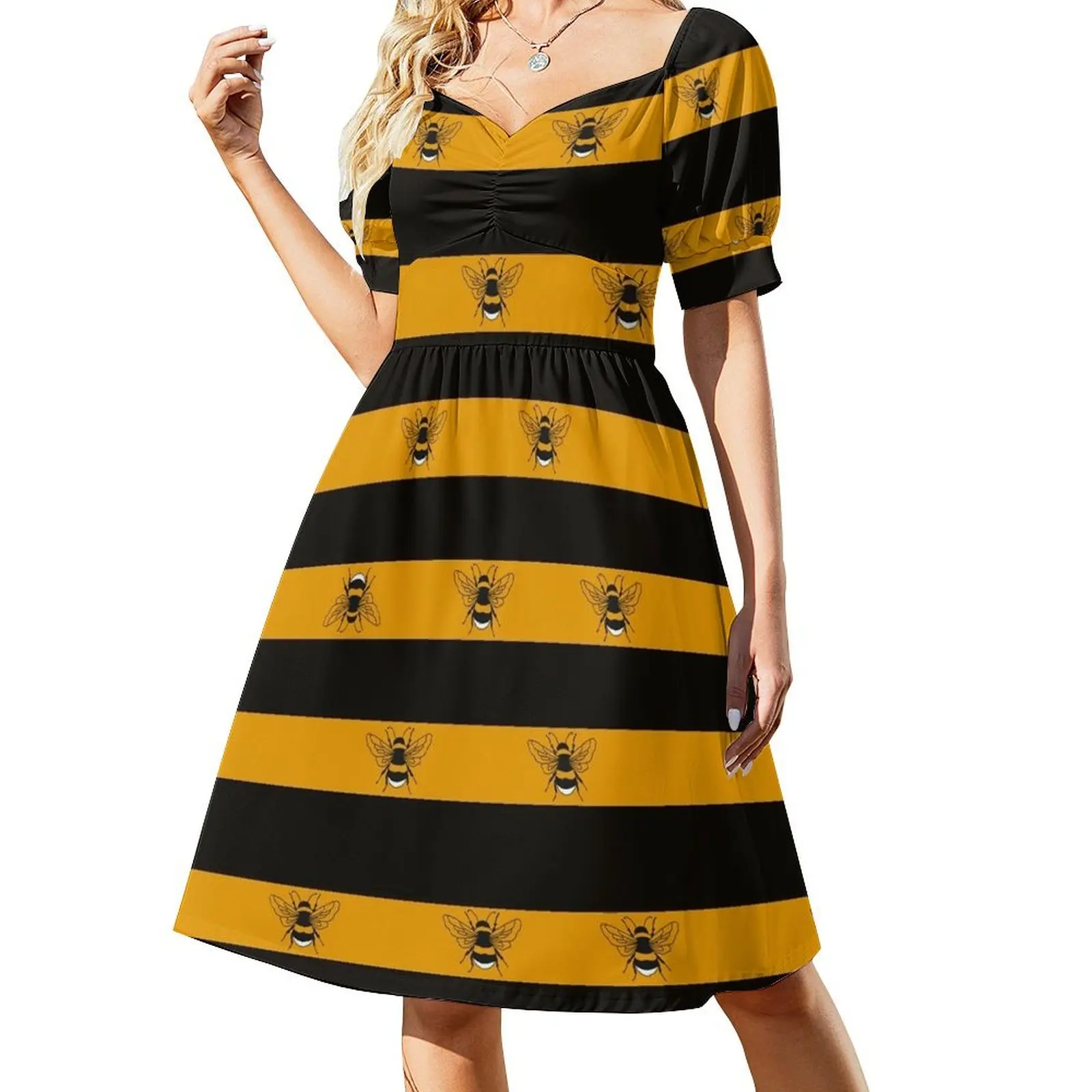 thumbnail image 1 of Vestido de manga corta con estampado de abejorro para mujer, vestido de verano con falda para mujer, 1 of 7