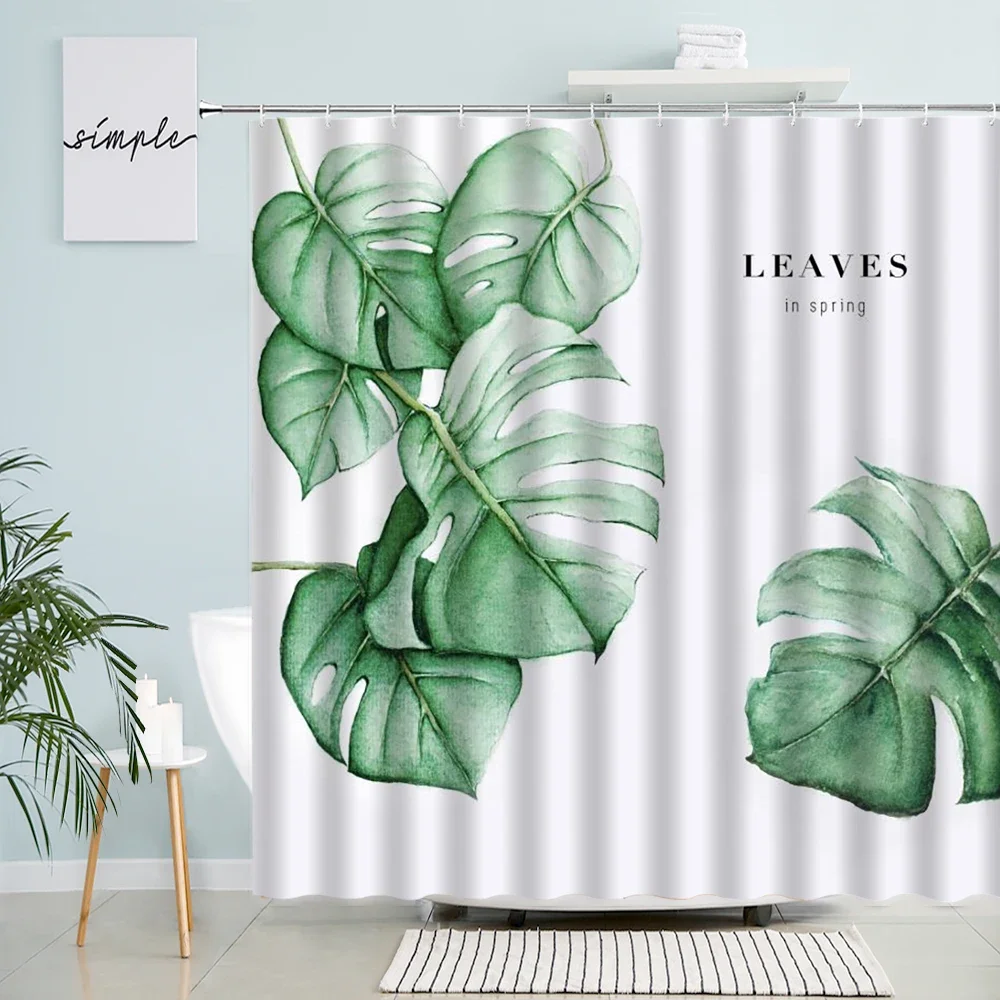 Shower Curtains Tropical Green Plant Palm Leaf Bathroom Shower Curtains Summer Jungle Fabric Waterproof Hooks Hanging Curtain Bath Screen Decor