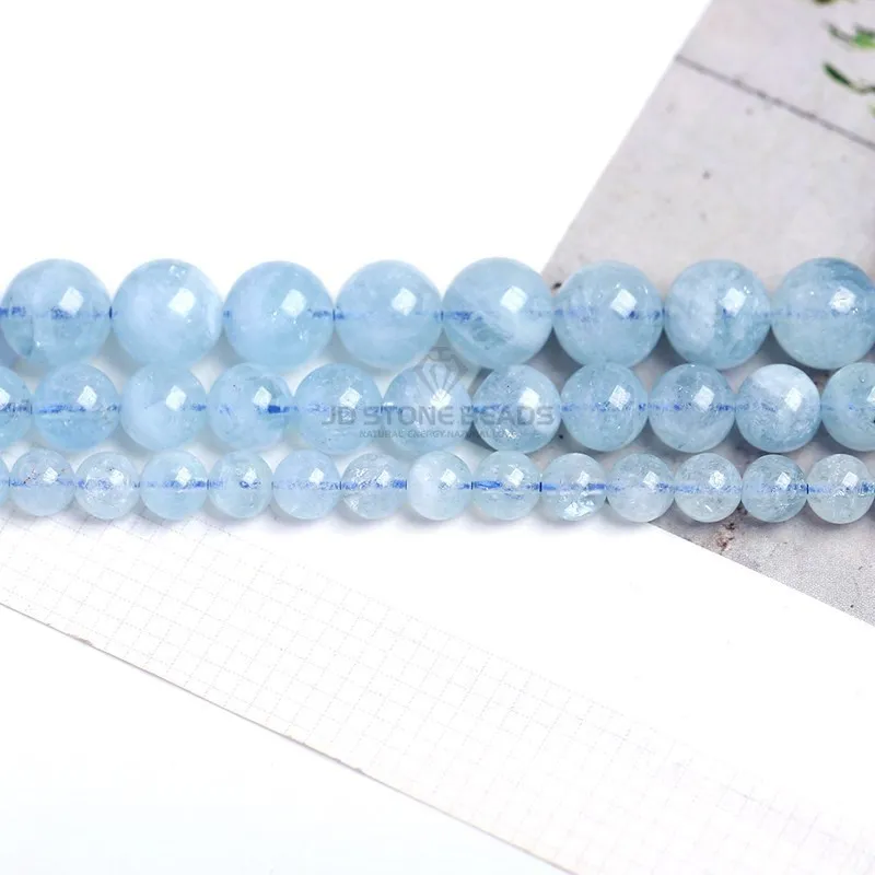 Loose Beads Natural Blue Aquamarine Stone Round Loose Spacer Smooth Beads for Jewelry Making 4 6 8 10mm DIY Accessories Loose Spacer Beads Loose Gemstone Beads
