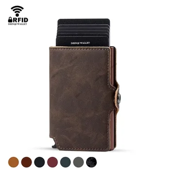 Porta carte di credito Rfid Portafoglio di lusso in crosta di pelle da uomo Portafoglio sottile e minimalista in metallo Porta carte di credito Portafoglio da viaggio 1