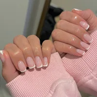 Faux ongles français en acrylique à couverture complète pour filles, faux ongles carrés courts, rose nude, nickel é simple, presse, N64.Art, N64.24 pièces 2