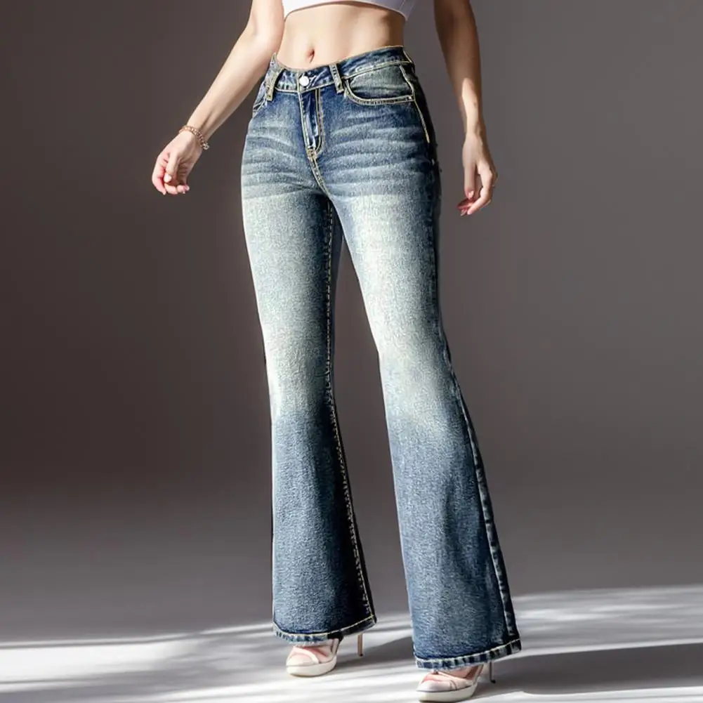 

Women Jeans High Waist Gradient Color Retro Pockets Slim Fit Full Length Colorfast Flared Hem Zipper Lady Long Trousers