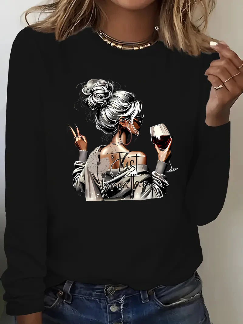 Streetwear Wine Drink Printed Long Sleeve Shirt Vintage T Shirt Women's Print T-Shirt Crew Neck Top Tee Tshirt Casual 1