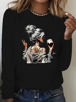 Streetwear Wine Drink Printed Long Sleeve Shirt Vintage T Shirt Women's Print T-Shirt Crew Neck Top Tee Tshirt Casual 1