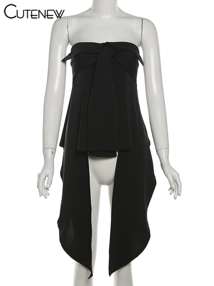 Asymmetrical Women Tops Solid Tassel Wrap Chest Ruffle Skinny Split Chic Long Tanks Female All-matched Summer Streetwear