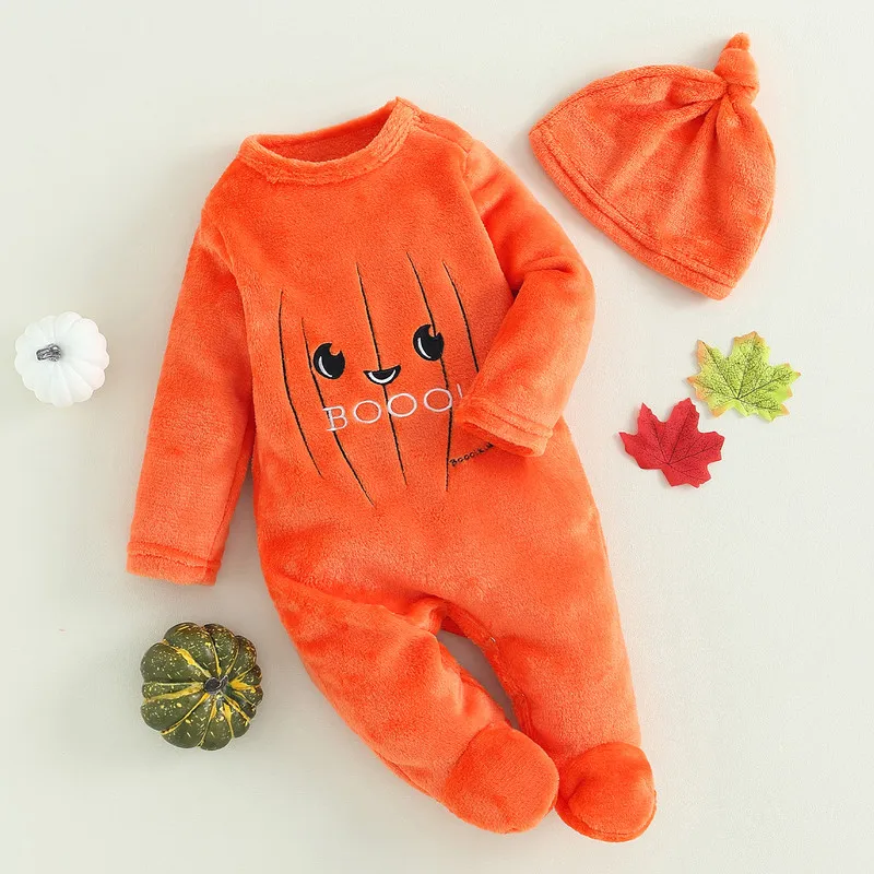 

Halloween Newborn Baby Girl Boy Rompers Autumn Winter Clothes Pumpkin Long Sleeve Footed Jumpsuit and Hat for Infant Baby Items