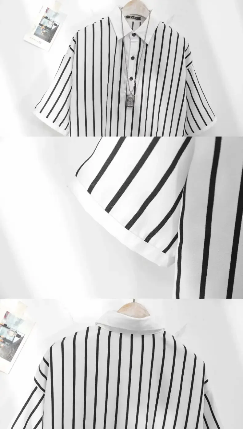 Men's Clothing White Stripe Polo T Shirt Button Down Collar Slim Fit Quick Dry Casual Comfortable Stylish Top for Young Men 20 S1d40b02718f54b0f9c549f37cf756136G