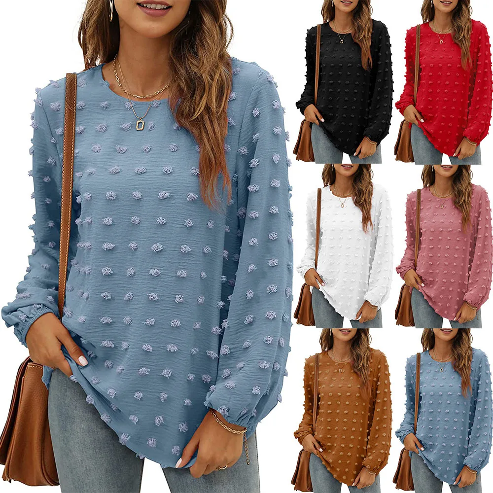 

Women T-shirt Tops Autumn Office Ladies Round Neck Ruffled Long Sleeve Jacquard Polka Dot Pullover T-shirt for Ladies