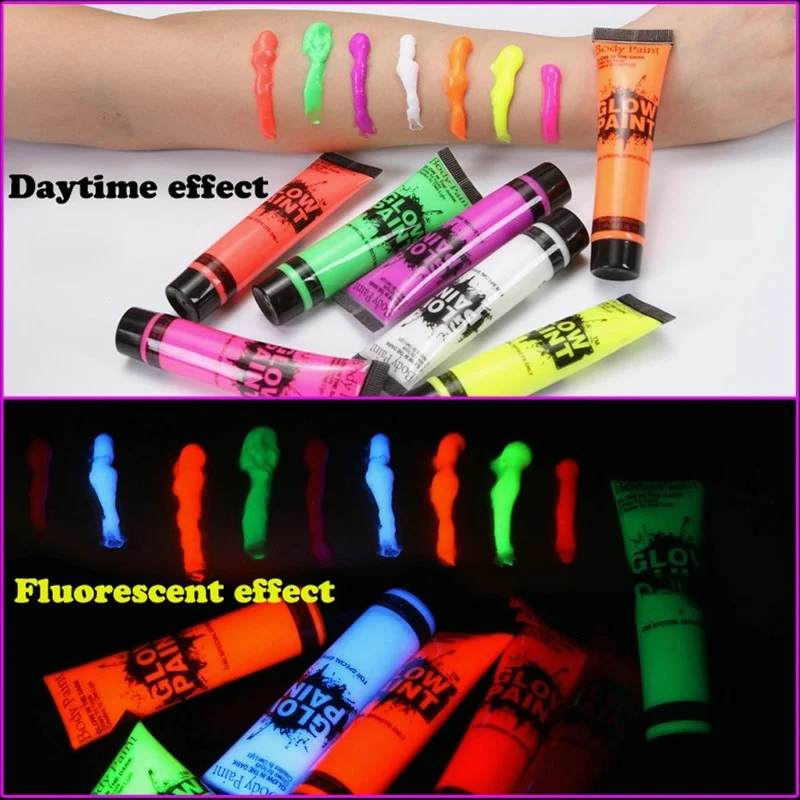 Body Face Paint Face Body Paint 7 Colors luminiscent paint Face Body Art Paint UV Glow Fluorescent Glowing Halloween Party Fancy Dress Beauty Makeup Dark Paint