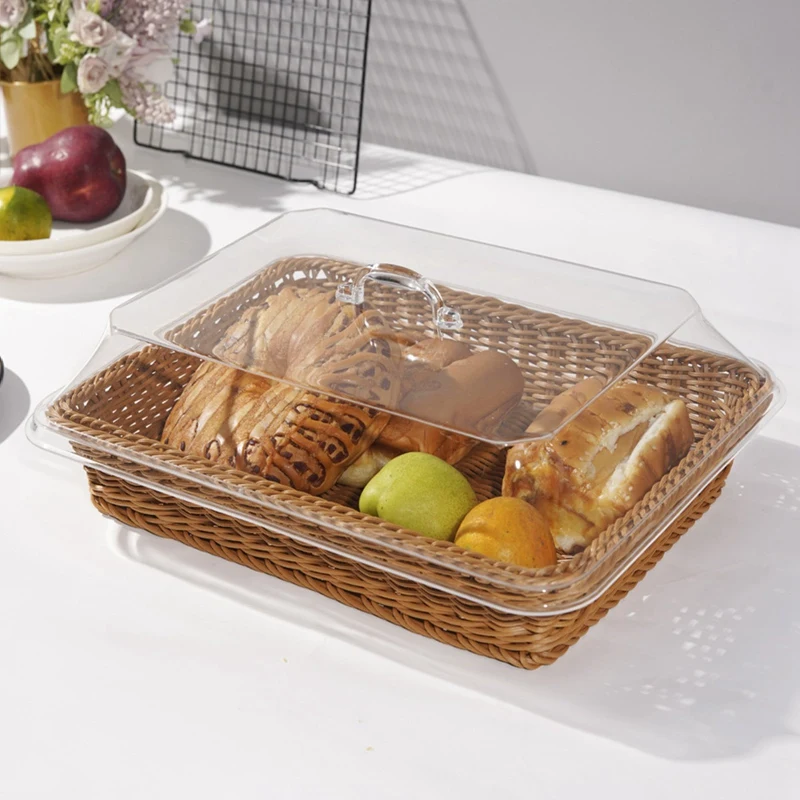 Woven Rattan Basket Bread Basket with Acrylic Lid Tabletop Food Serving Basket Woven Fruit Basket with Cover Imitation Rattan