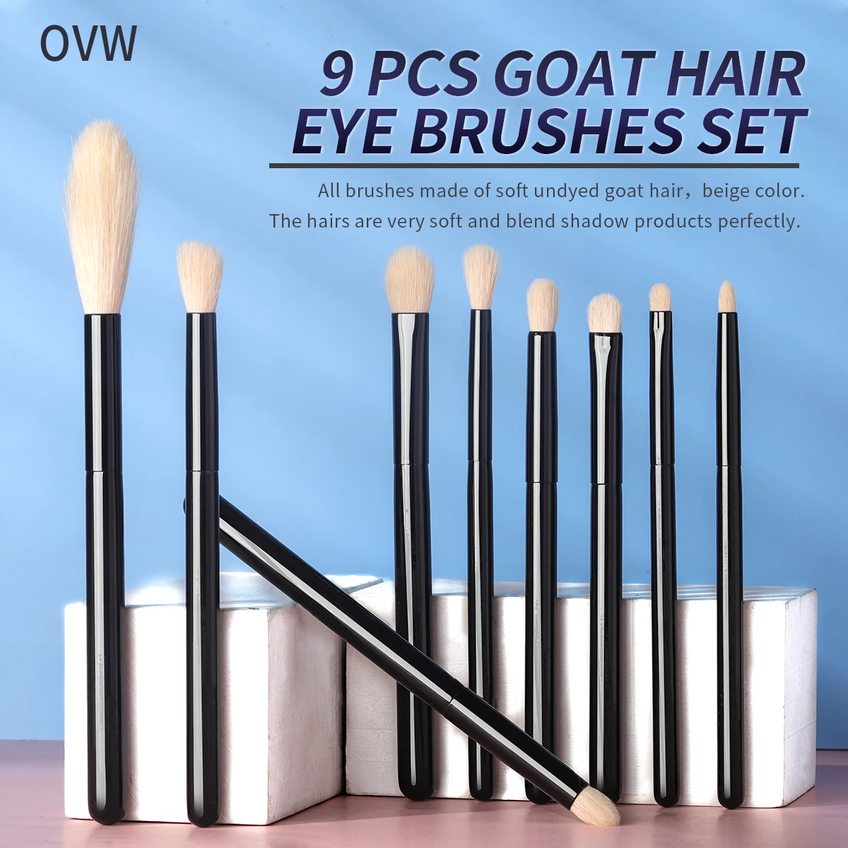 Ovw 9pcs White Goat Hair Makeup Eye Shadow Blending Brushes Set