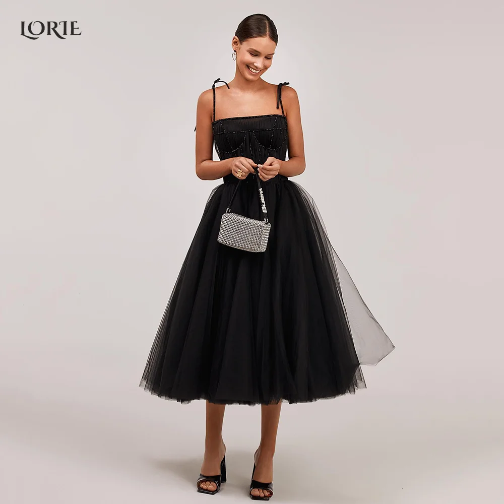 

LORIE Elegant A-Line Black Formal Graduation Gowns Spaghetti Straps Tulle Prom Party Dresses Saudia Arabia Evening Cocktail Gown