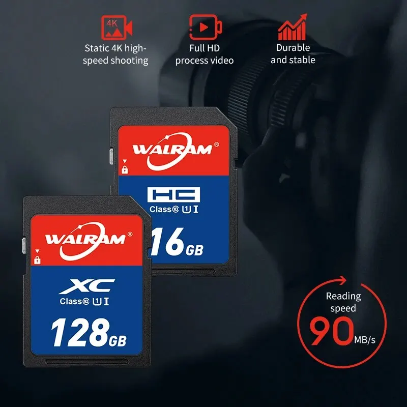 Walram SD 카드, SDXC, 클래스 10, C10, U1, 4K 미니 메모리 카드, 고속 TF SD, 카메라용 메모리 카드, 32GB, 128GB, 256GB, 16GB, 64GB