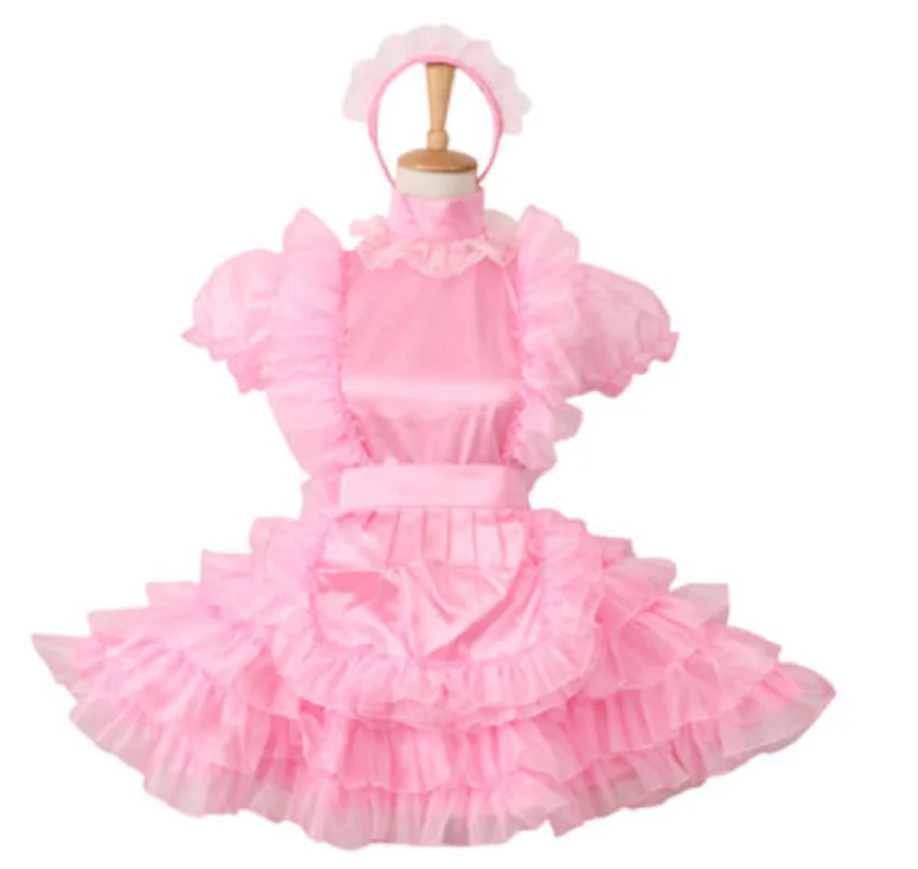 open lace back dress Tia Custom Fit Pink Satin Sparkle Organza Ruffles Adult Sissy Dress by   Leanne's Pretty Dresses
