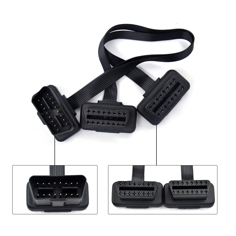 

Flat+ Thin 16Pin OBD 2 Extender OBD2 ELM327 Male To Dual Female Y Splitter Elbow OBDII Extension Connector Cable