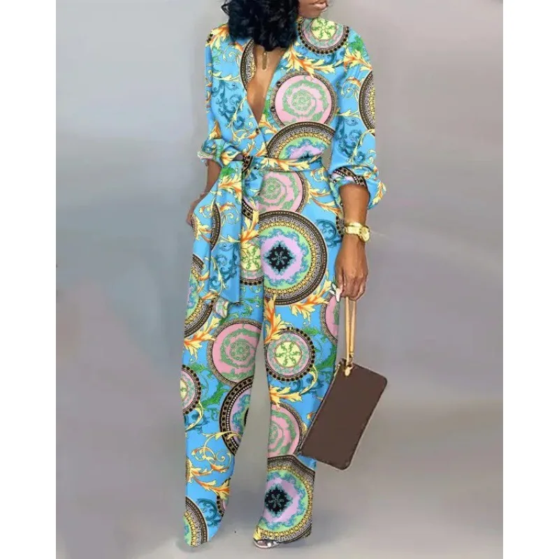 Rompers Casual V Neck Long Sleeve Letter Print Jumpsuit Woman Summer Long Wide Leg Lace Up Jumpsuits For Women 2023 One Piece