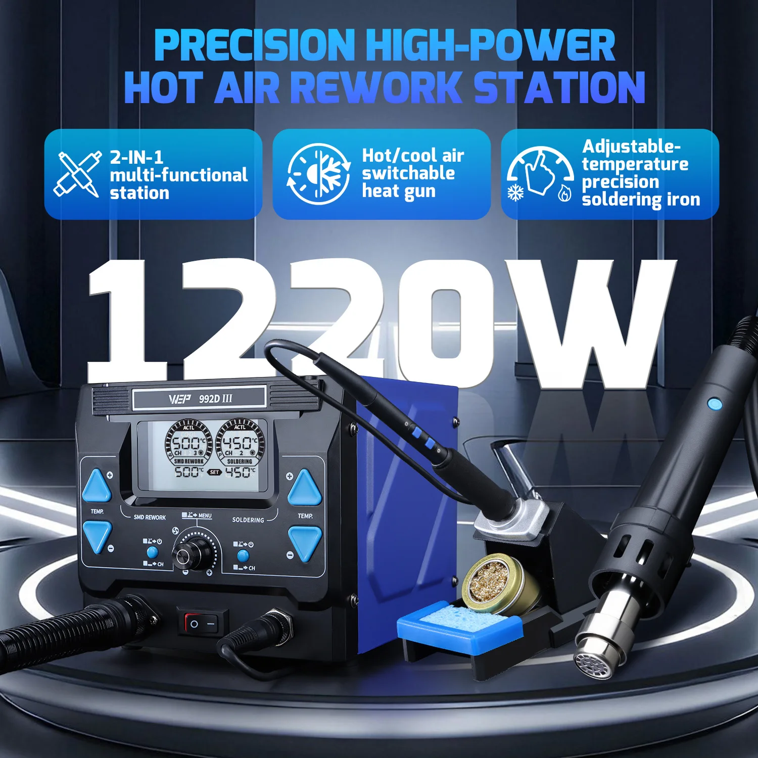 WEP 2-in-1 992D-III 1220W 열풍 리워크 스테이션 마이크로 부품 디지털 디스플레이 C245 납땜 인두 스테이션 용접 수리 도구