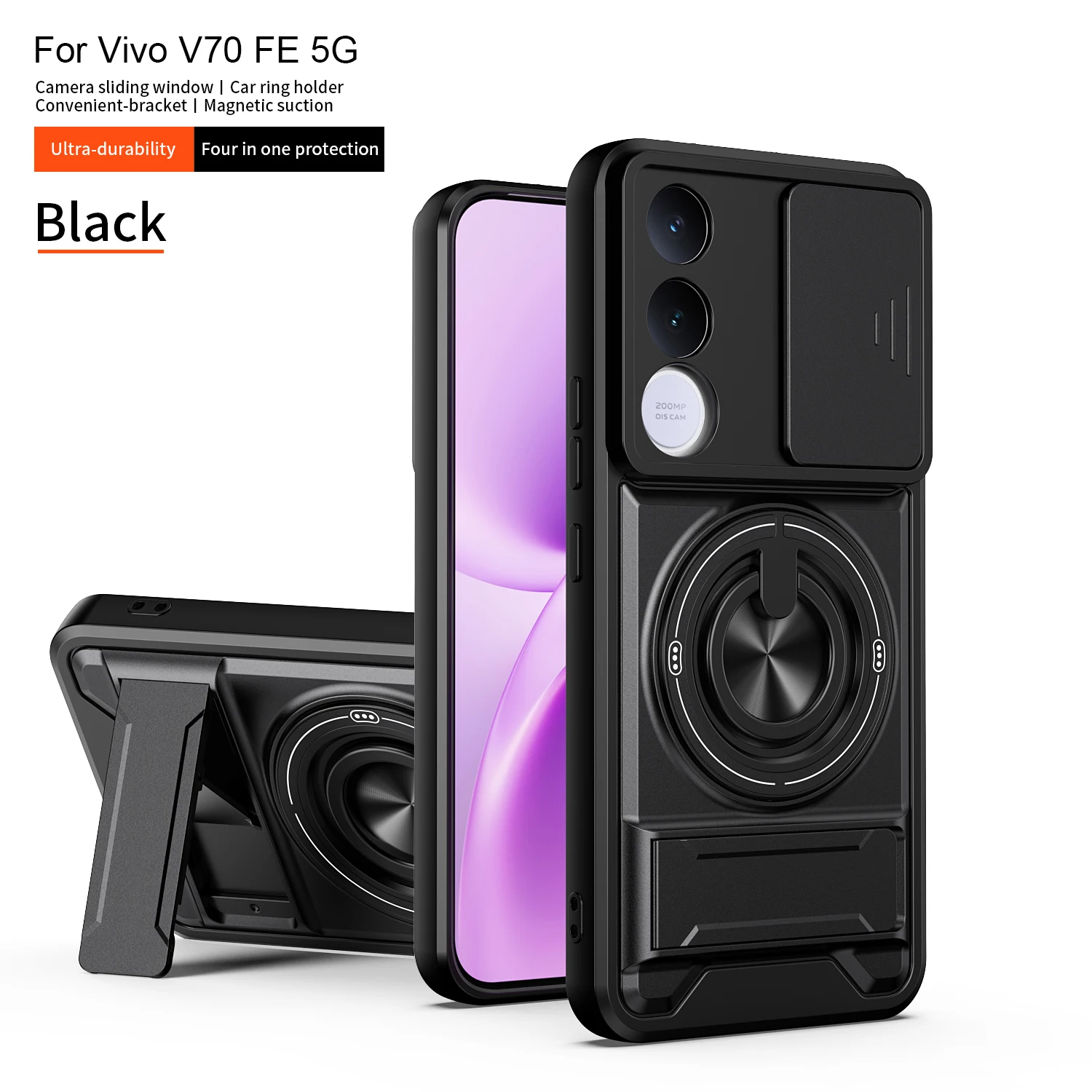 Rugged Shockproof Phone Case with Sliding Camera Cover and Magnetic Ring Kickstand