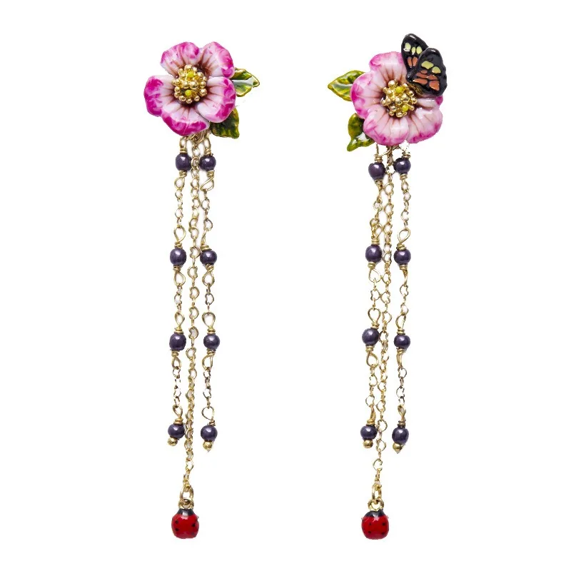 French Fashion Enamel Glaze Pink Rose Blossoms Black Butterfly Asymmetric Earrings Rural Style Female Wedding Ear Decoration