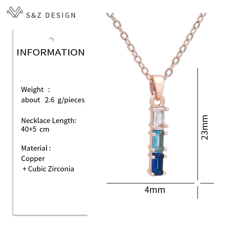 S&Z DESIGN New Fashion Rectangle Gradation Cubic Zirconia Pendant Necklace For Women Party 585 Rose Gold Color Jewelry Gift