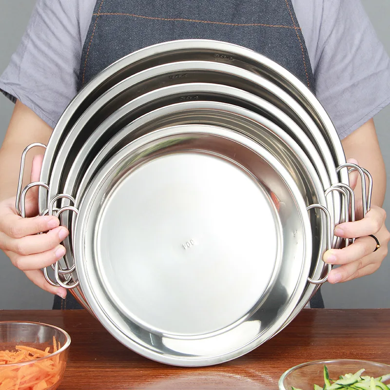 Round Stainless Steel Serving Plates for Food Cold Noodle Making Dishes Steamed Tray Dinnerware Kitchen Pastry Pan with Handle