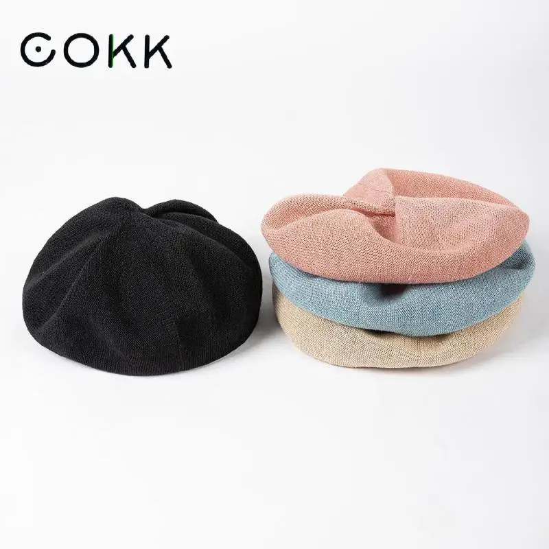 

COKK Women Beret Summer Knitted Linen Breathable Solid Color Painter Cap Casual Fashion Beret Femme Gorro New