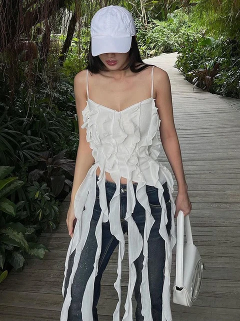 

Solid Ruffles Tassel Sleeveless Slip Sexy Irregular Cute Crop Caims 2022 Fall Winter Fashion Streetwear Club Y2K Outfit