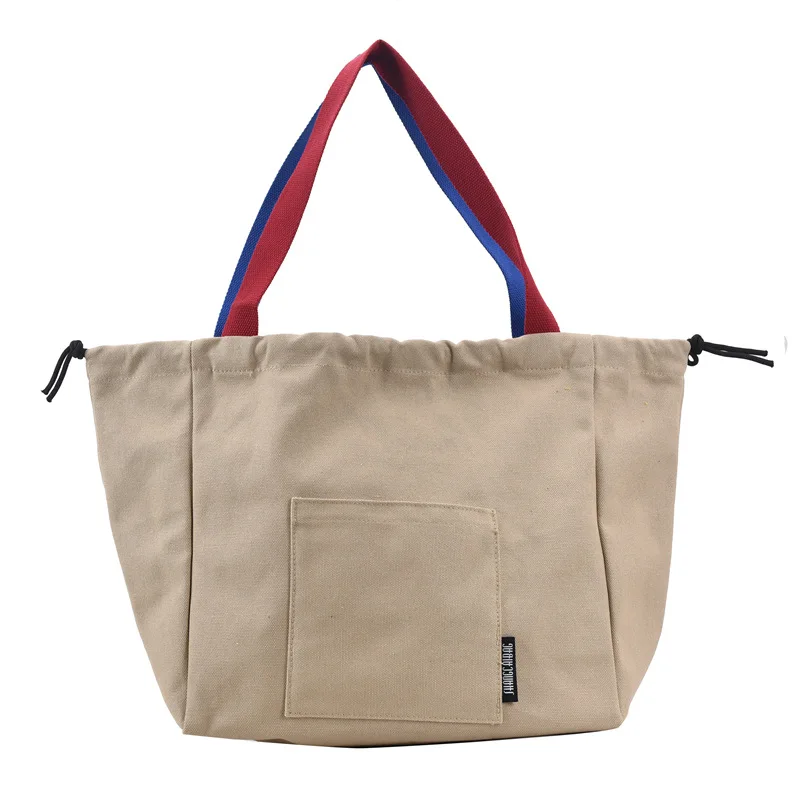 Обикновена пазарска чанта с голям капацитет, дамска платнена чанта с шнур, контрастна цветна чанта за пазаруване през рамо за момиче, платнена чанта